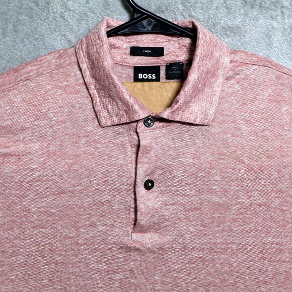 BOSS Hugo Boss Polo Shirt Mens Medium Pink Linen Short Sleeve Made In Portugal - Picture 2 of 12